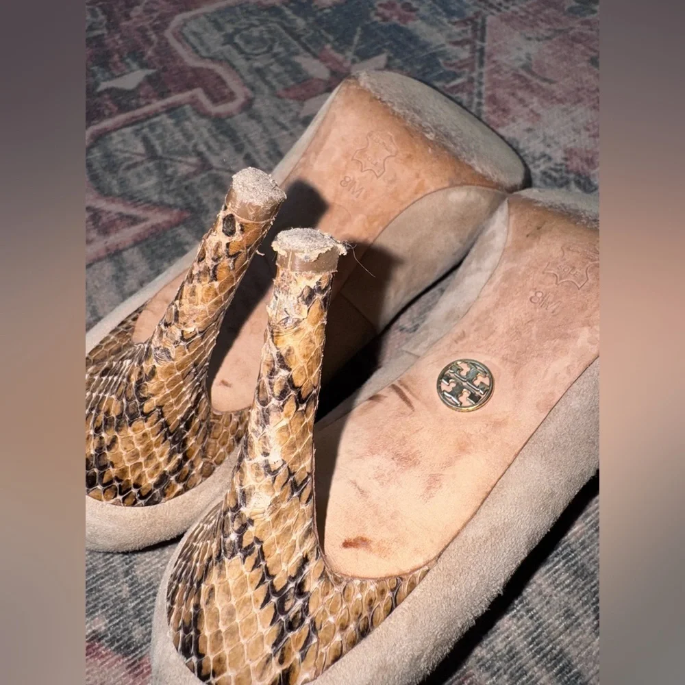 Taupe Tory Burch Mabel Suede Pumps with Snakeskin‎ Heel